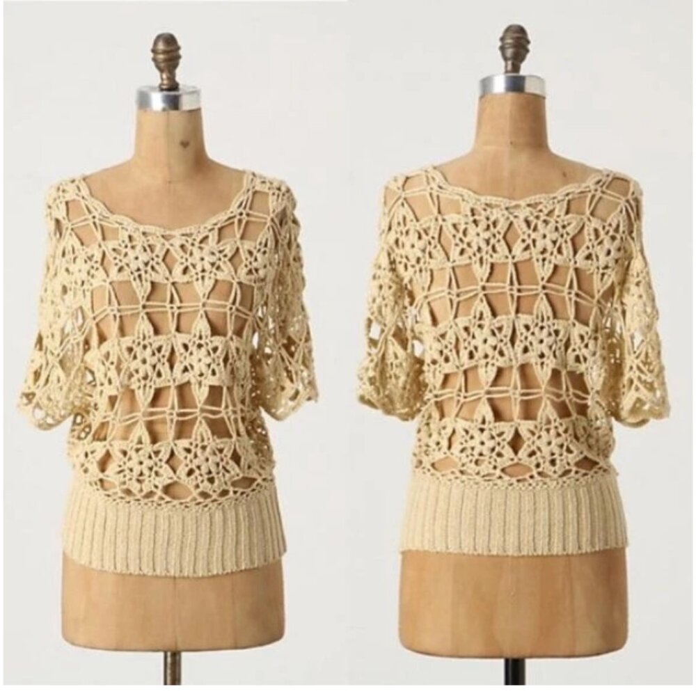 Anthropologie L'affaire Open Loose Knit Crochet Short Sleeve Top EUC Beige - S